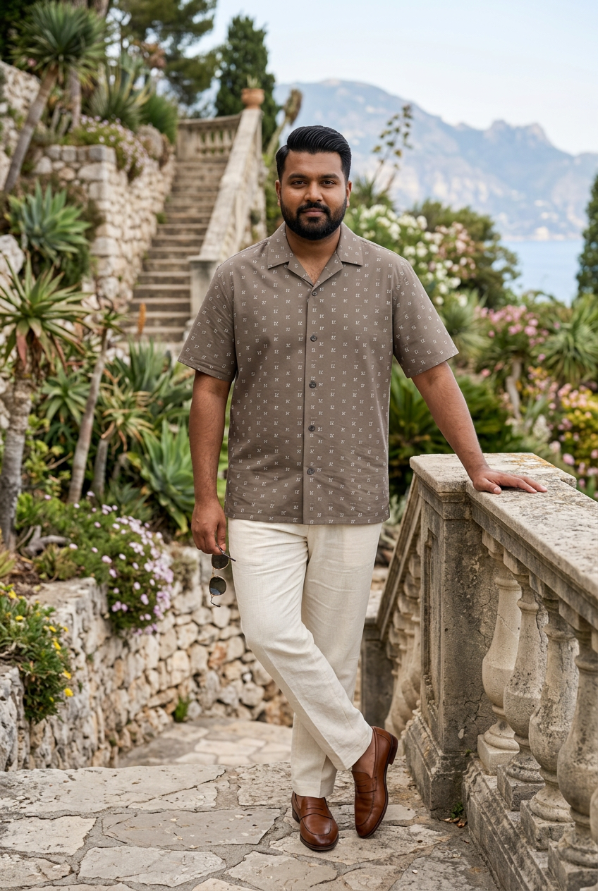Indian model leaning against a botanical terrace railing