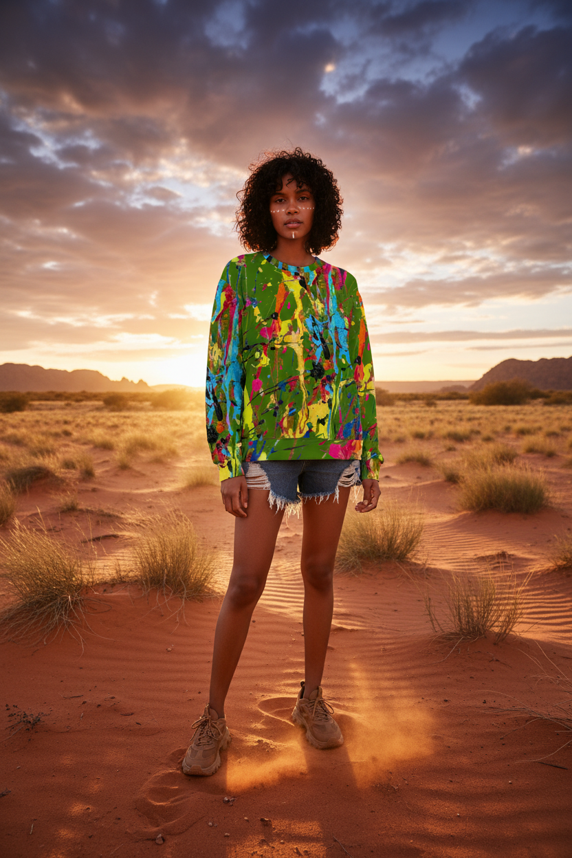 Indigenous Australian woman in bright green paint splatter sweatshirt, outback setting