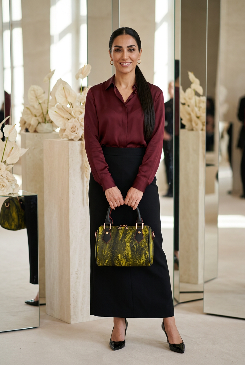 Iranian woman in burgundy silk at a couture show VIP reception