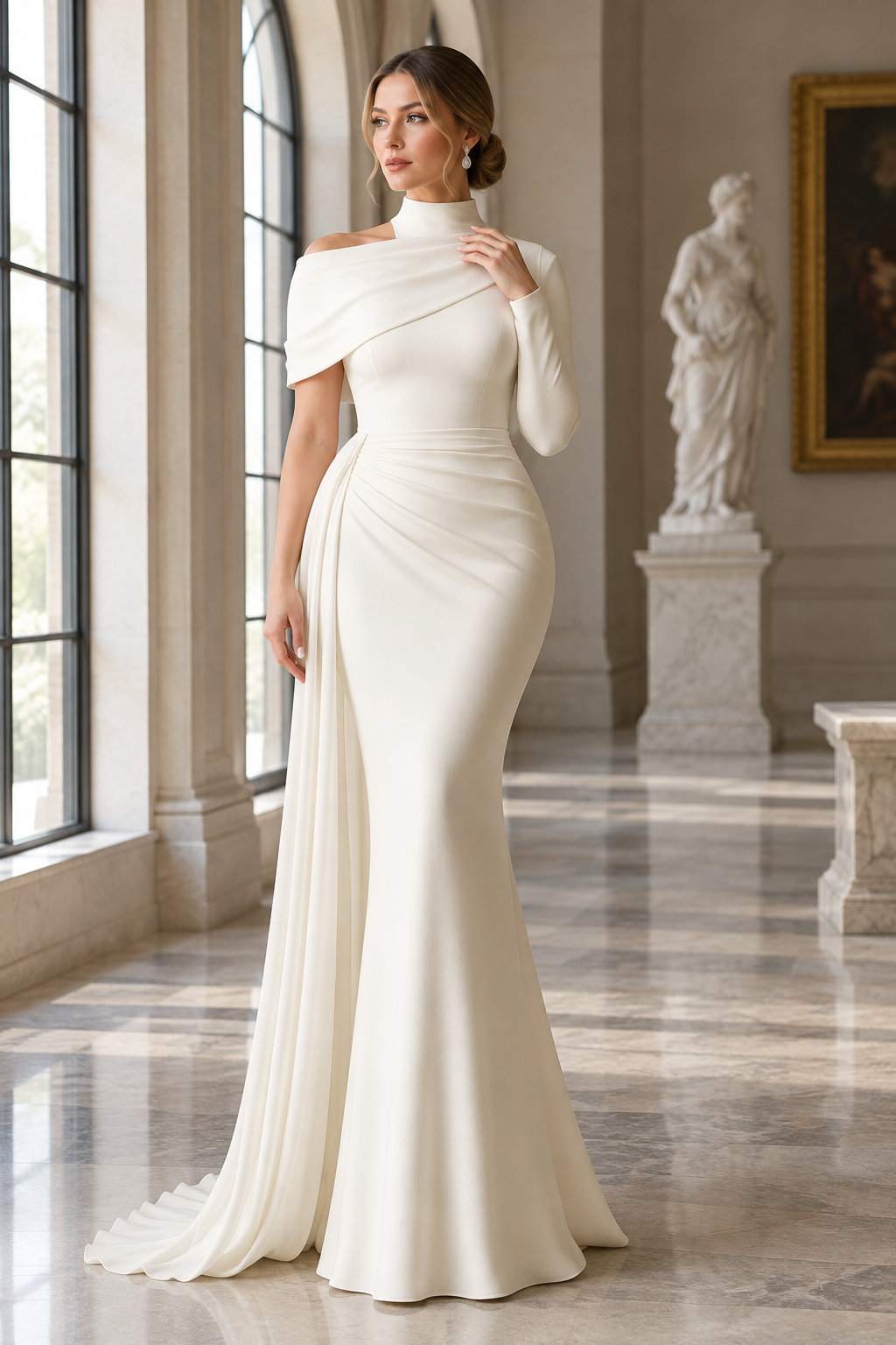Ivory gown in an art gallery