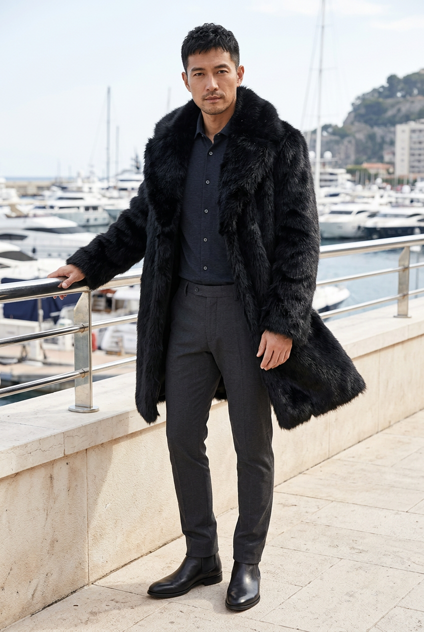 Japanese male model wearing the black coat on a yacht-club terrace