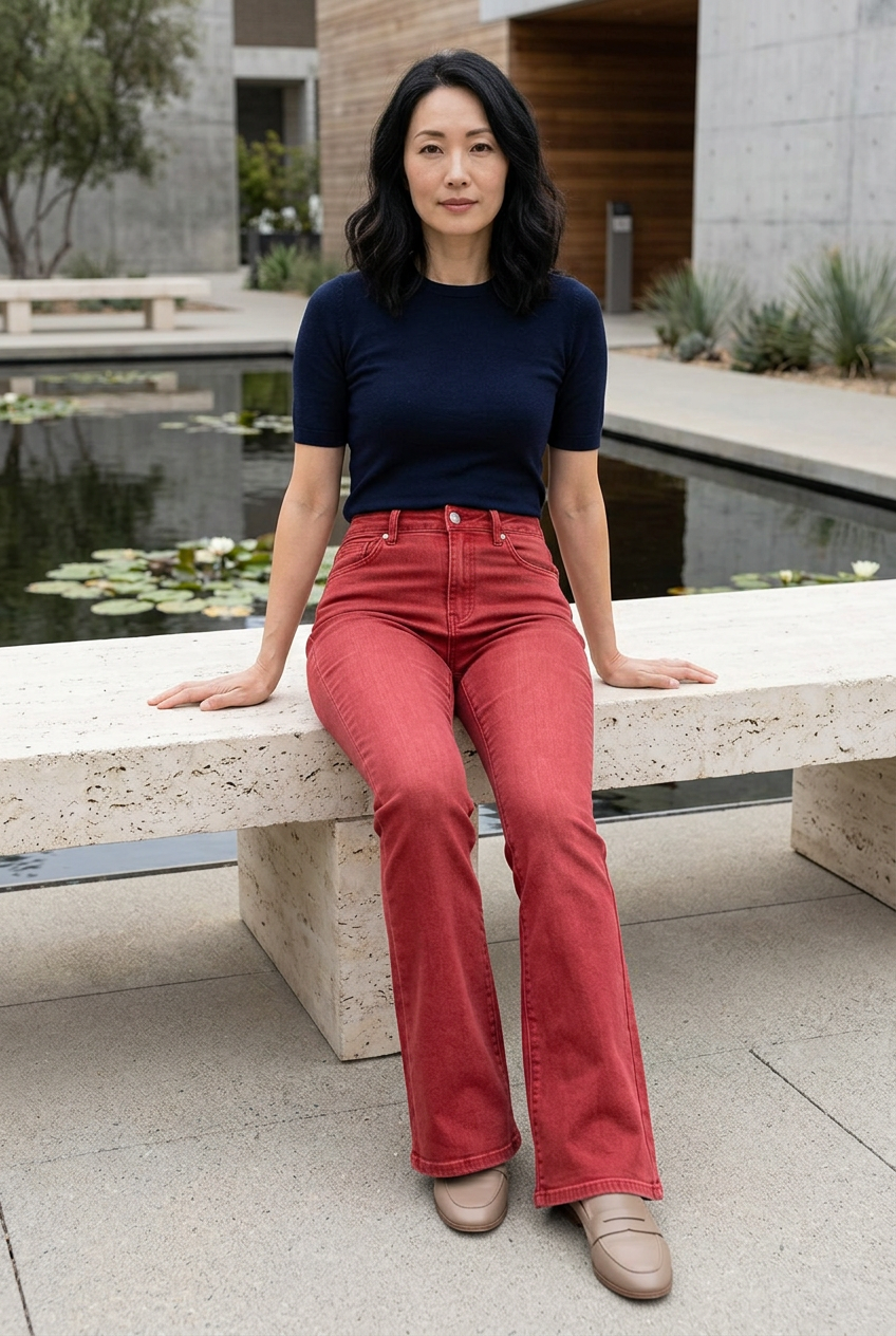 Japanese model seated beside a reflecting pool