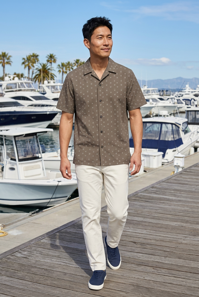 Japanese model walking along a marina boardwalk