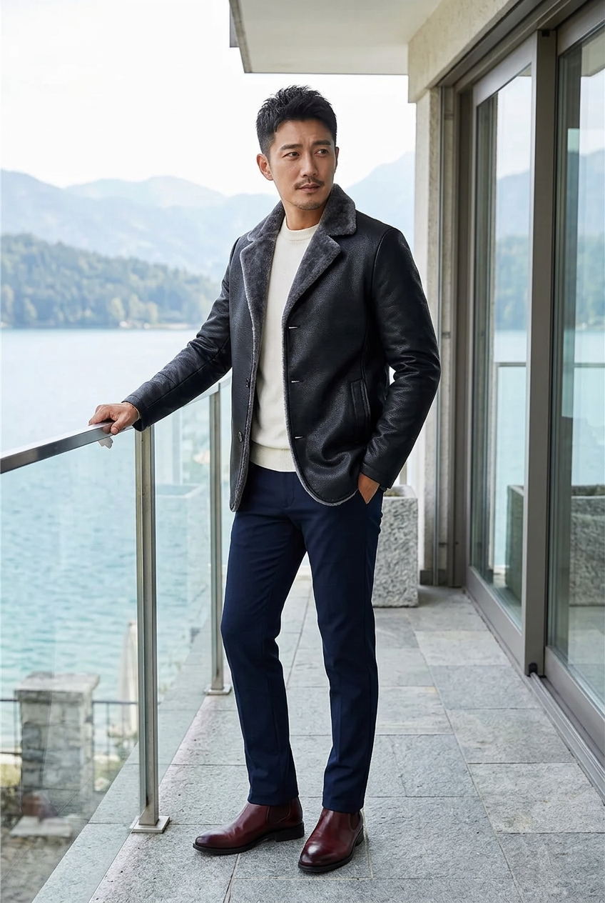 Korean male model wearing the black PU blazer with gray plush lapels on a lakeside balcony
