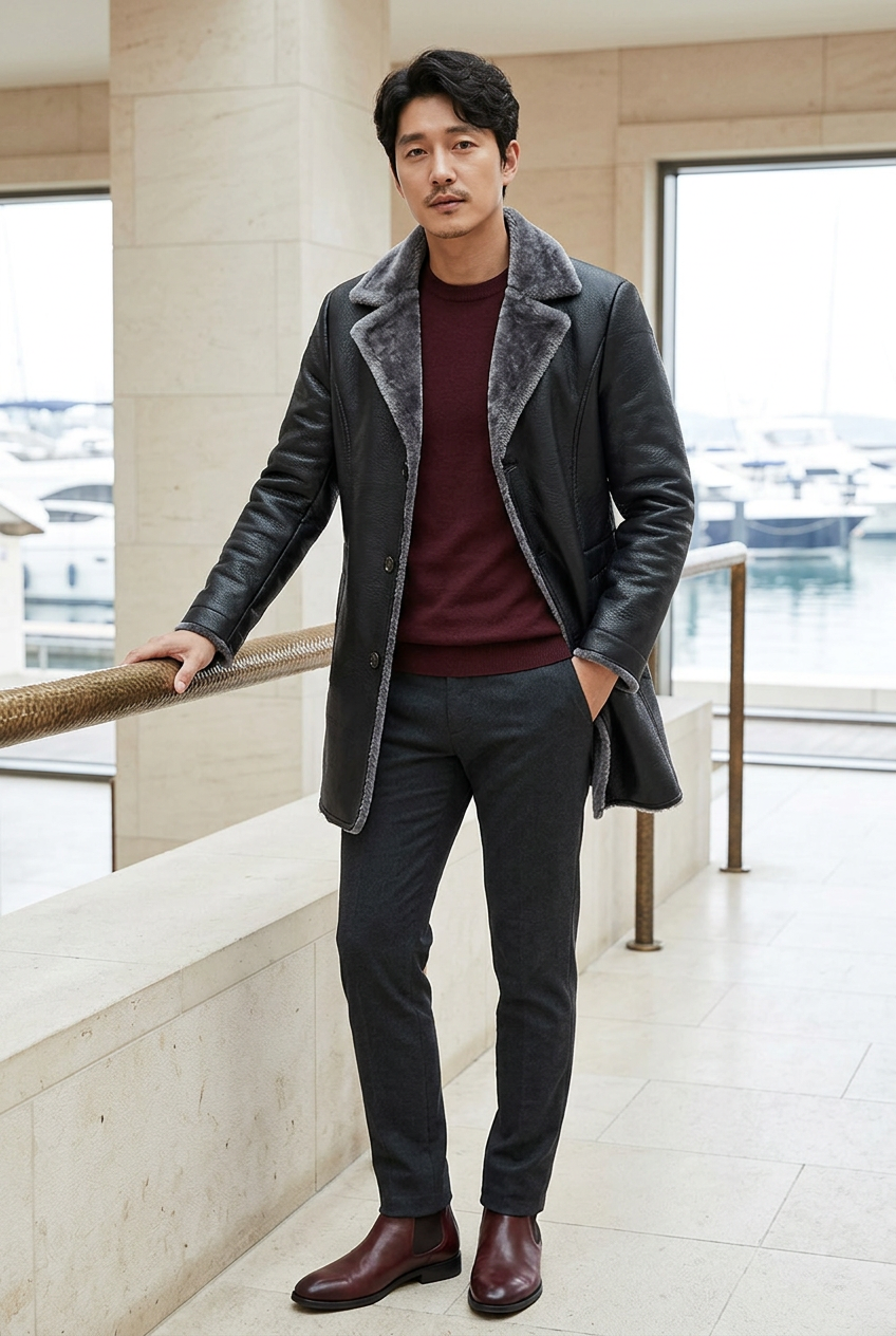 Korean male model wearing the longer black coat with gray plush lapels at a harbor terminal