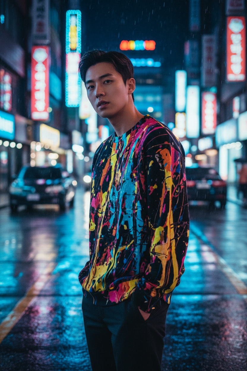 Korean man in black paint splatter sweatshirt, Seoul nightlife setting