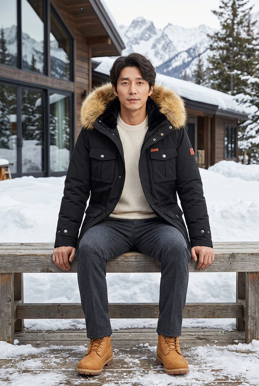 Korean model seated outside a mountain lodge with the hood down