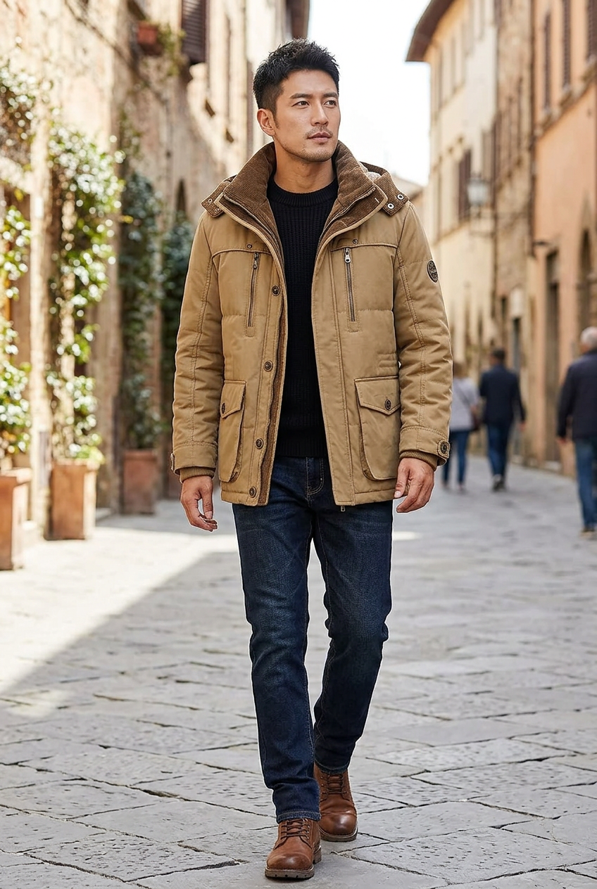Korean model walking along a historic stone lane