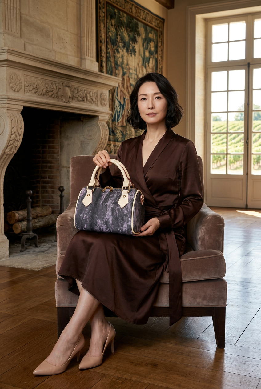 Korean woman in chocolate silk seated in a vineyard château salon