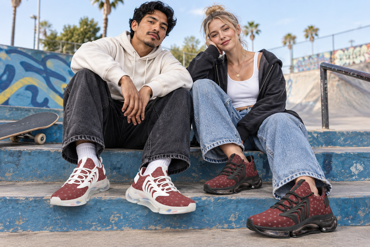 Latina man and white woman seated by a skate park in burgundy sneakers