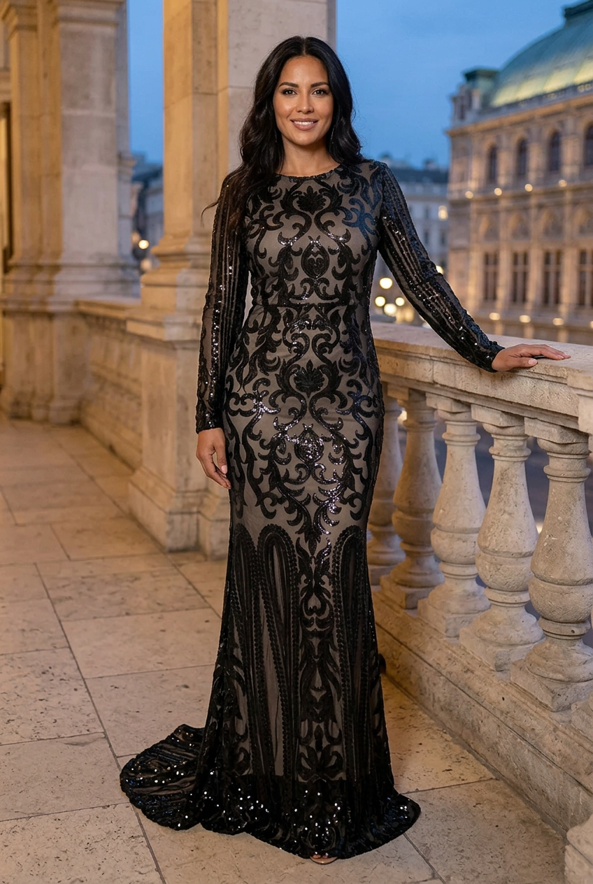 Latina model beside an opera-house terrace balustrade