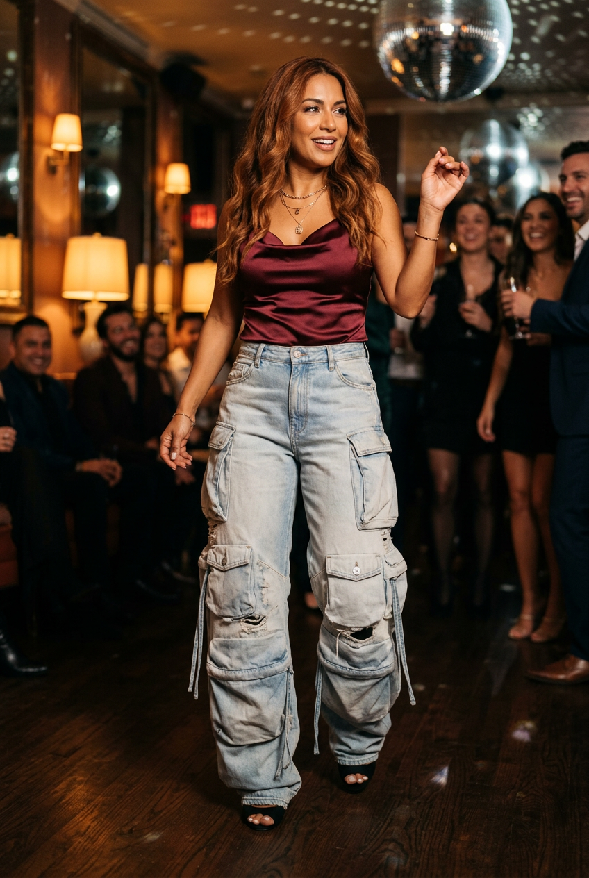 Latina model dancing in a glamorous lounge in cargo jeans and black heels