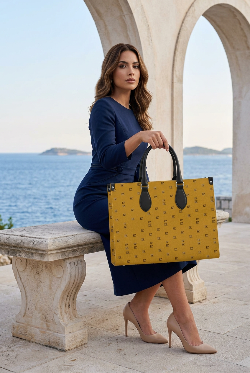 Latina model holding the jumbo handbag on a Mediterranean terrace