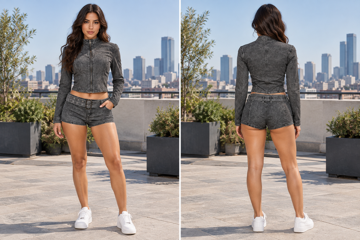 Latina model on a city rooftop, front and back views