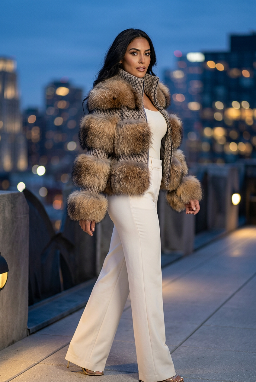Latina model on a rooftop at blue hour