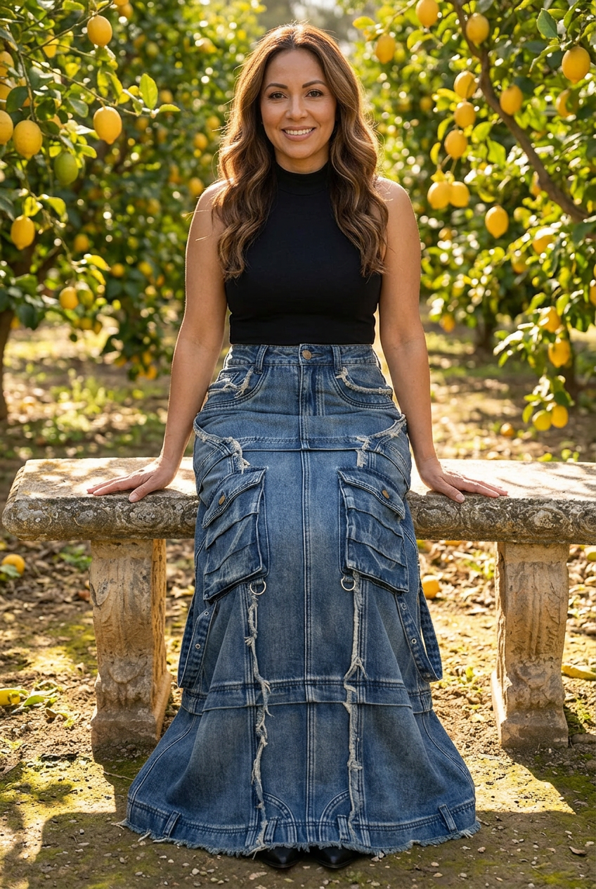Latina model seated in the blue cargo maxi skirt