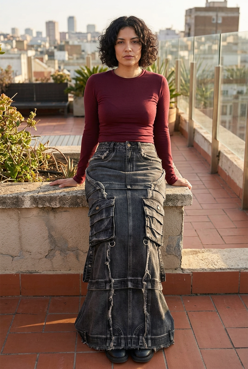 Latina model seated in the cargo maxi skirt