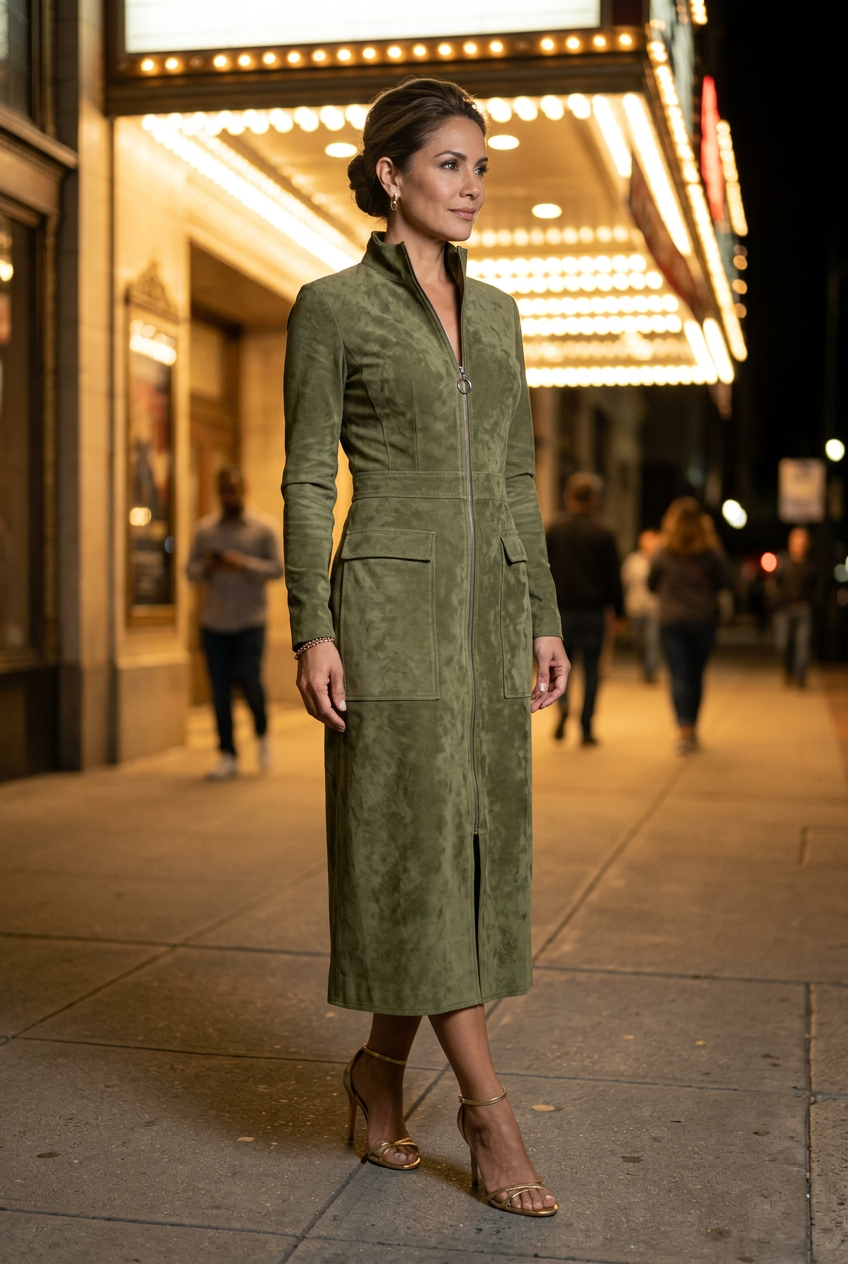 Latina model wearing the olive suede dress with gold heels outside a theater