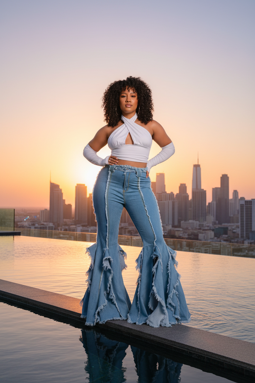 Latina woman fringe flare jeans