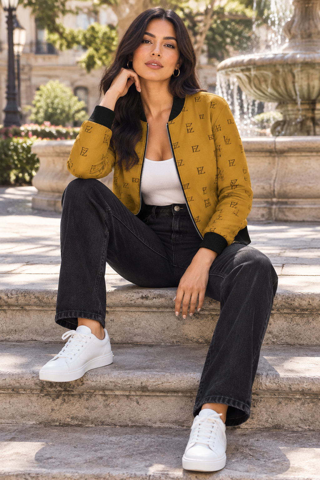 Latina woman in the women's mustard FZ bomber on plaza steps