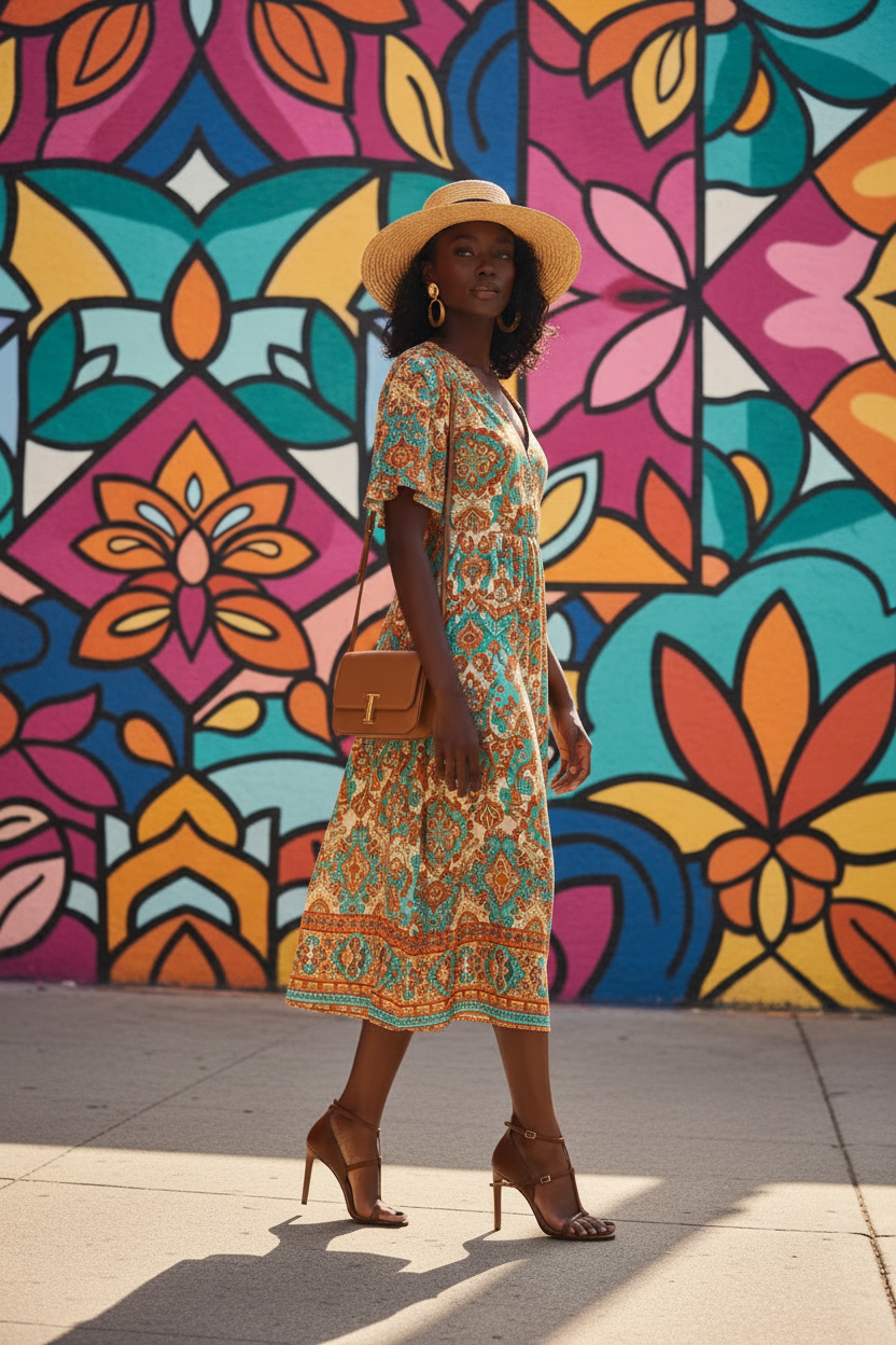 Latina woman wearing cognac brown T-bar stiletto sandals in front of colorful mural
