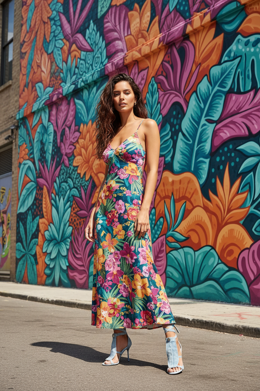 Latina woman wearing denim lace-up wrap stiletto sandals in front of street mural