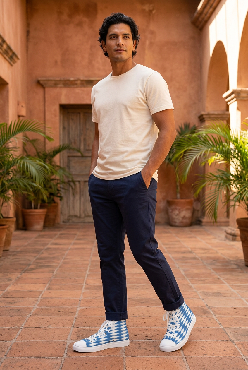 Latino male model posing in a terracotta courtyard