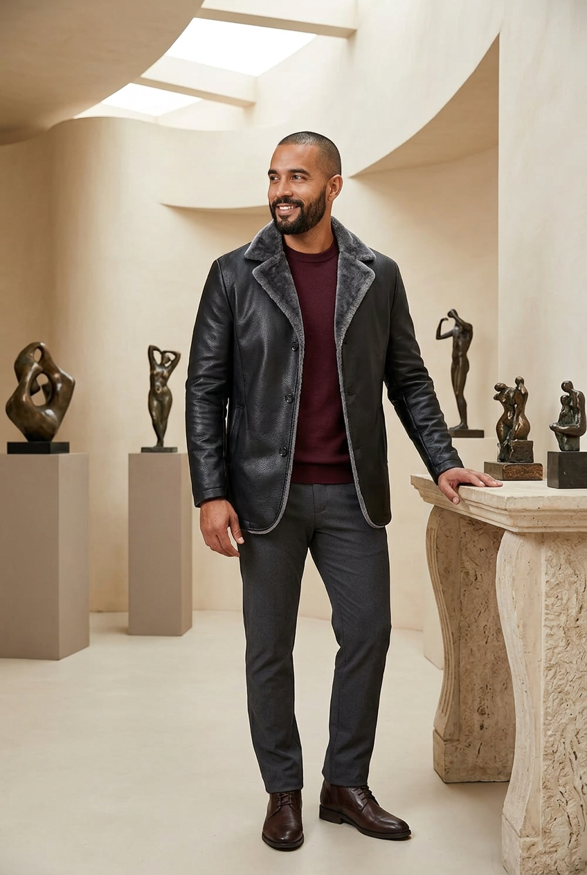 Latino male model wearing the black PU blazer with gray plush lapels in a sculpture salon