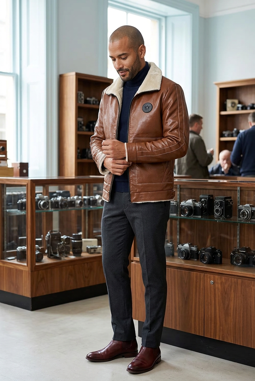 Latino male model wearing the brown cream-collar jacket in a vintage camera boutique