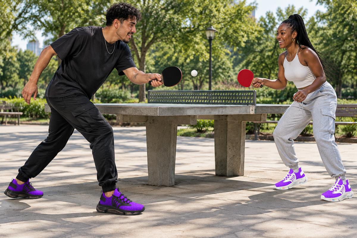 Latino man and Black woman playing outdoor ping-pong in the purple Z-logo sneakers