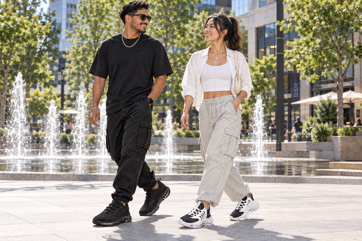 Latino man and East Asian woman in a downtown plaza in the black Z-logo sneakers
