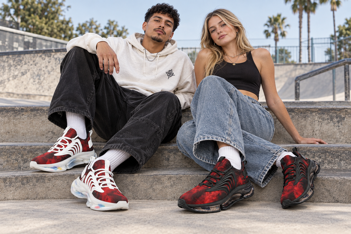 Latino man and white woman seated on skatepark steps in the red-and-black sneakers