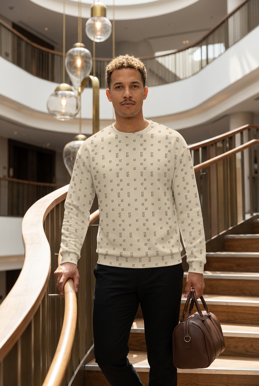 Latino man holding a weekender in a modern hotel atrium