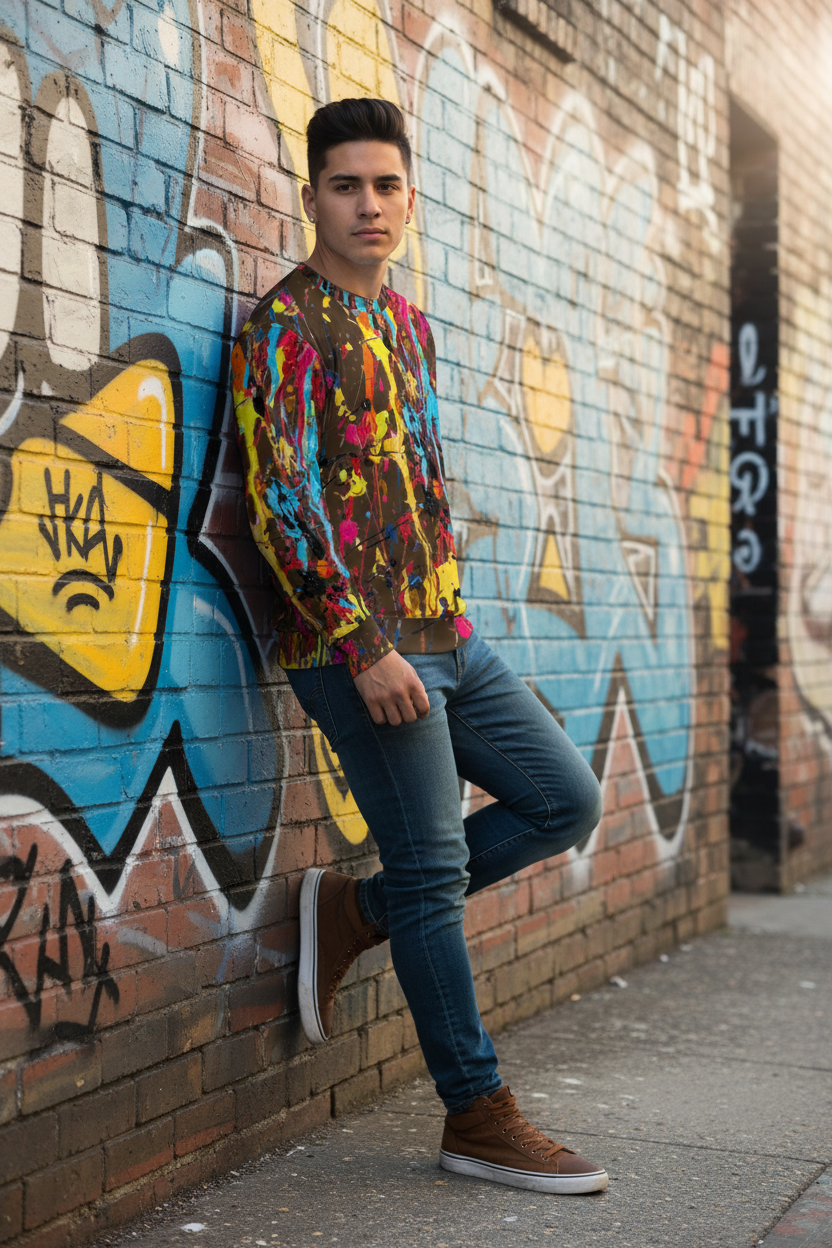 Latino man in dark paint splatter sweatshirt, urban setting