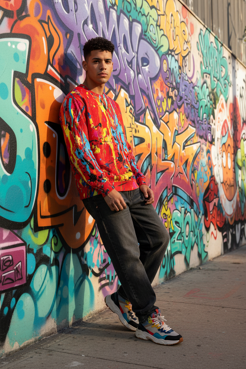 Latino man in red paint splatter sweatshirt, graffiti mural setting