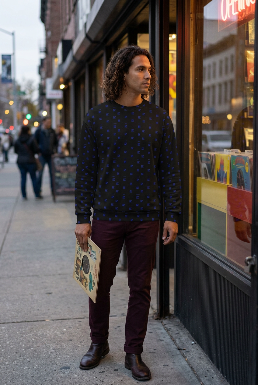 Latino man with long curls holding a record outside a record store