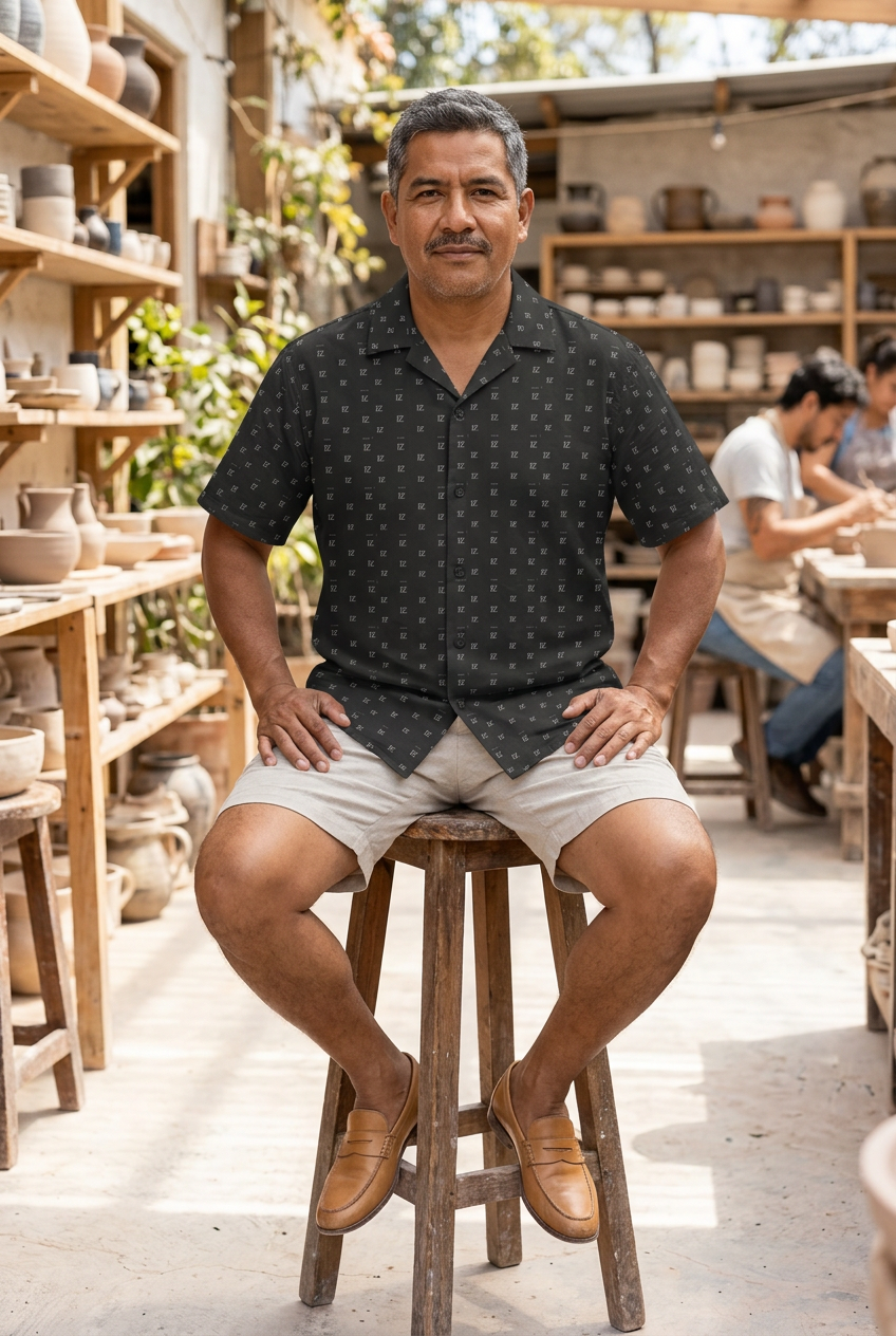 Latino model seated at an outdoor pottery studio