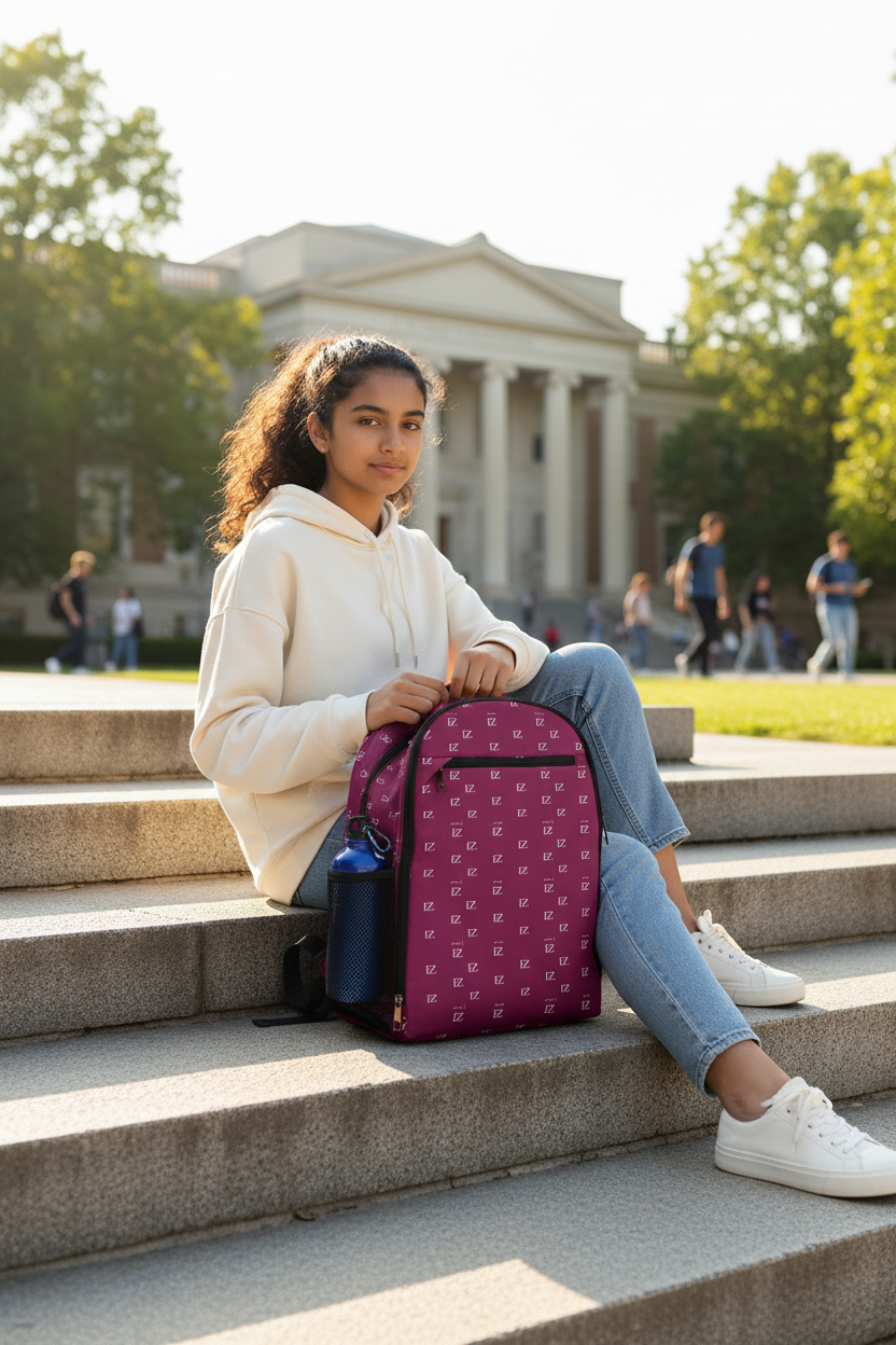 Library steps with backpack beside model