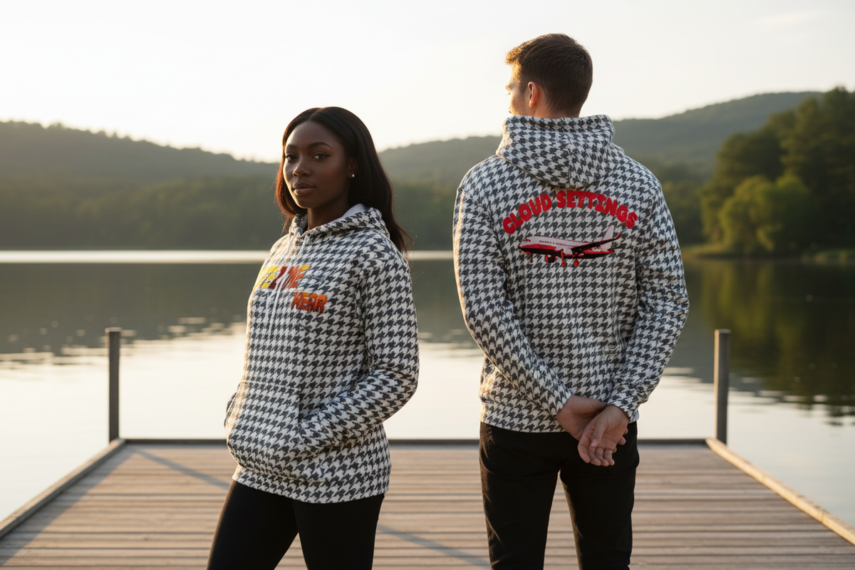 Lifestyle image showing the hoodie front and back at a lakeside dock