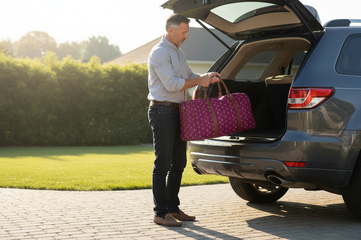 Loading duffel into car trunk