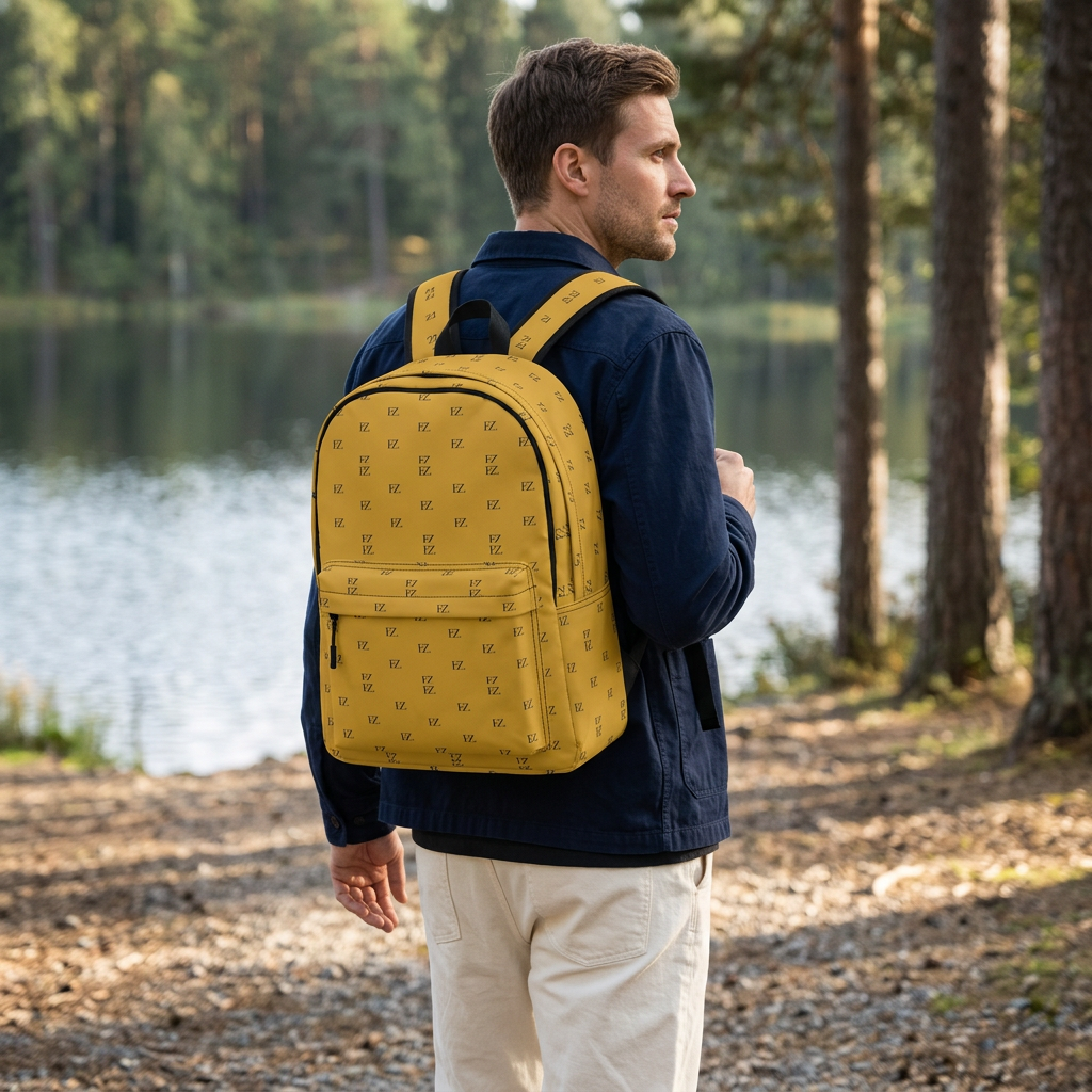 Male model wearing the mustard-yellow backpack beside a lake