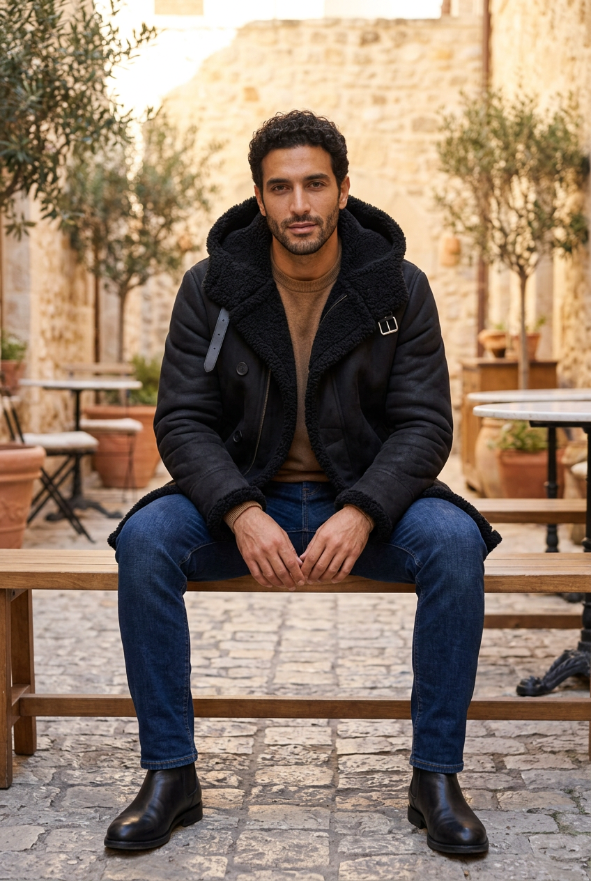 Middle Eastern male model seated in a courtyard café in the black coat