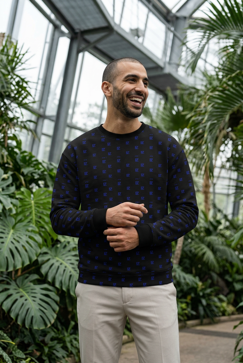 Middle Eastern man adjusting his cuff in a botanical conservatory
