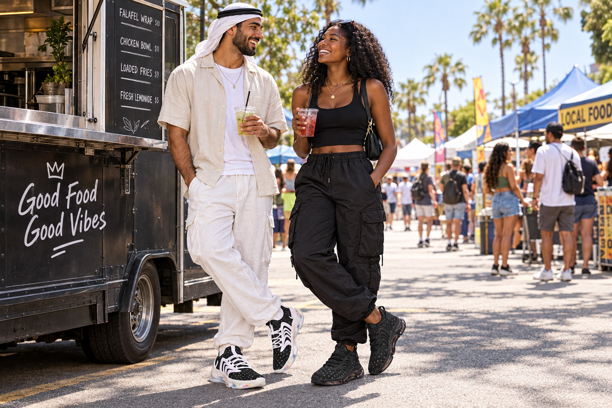 Middle Eastern man and Black woman at a street-fair food truck in the black Z-logo sneakers