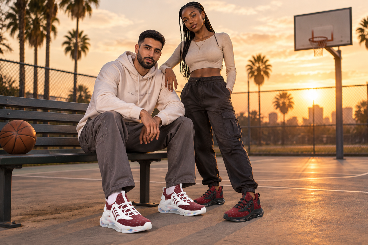 Middle Eastern man and Black woman at an outdoor basketball court in burgundy sneakers