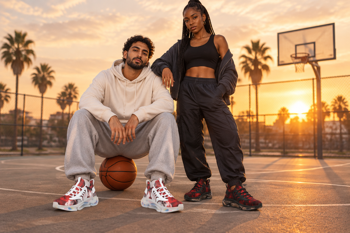 Middle Eastern man and Black woman on an outdoor basketball court in the red-and-black sneakers