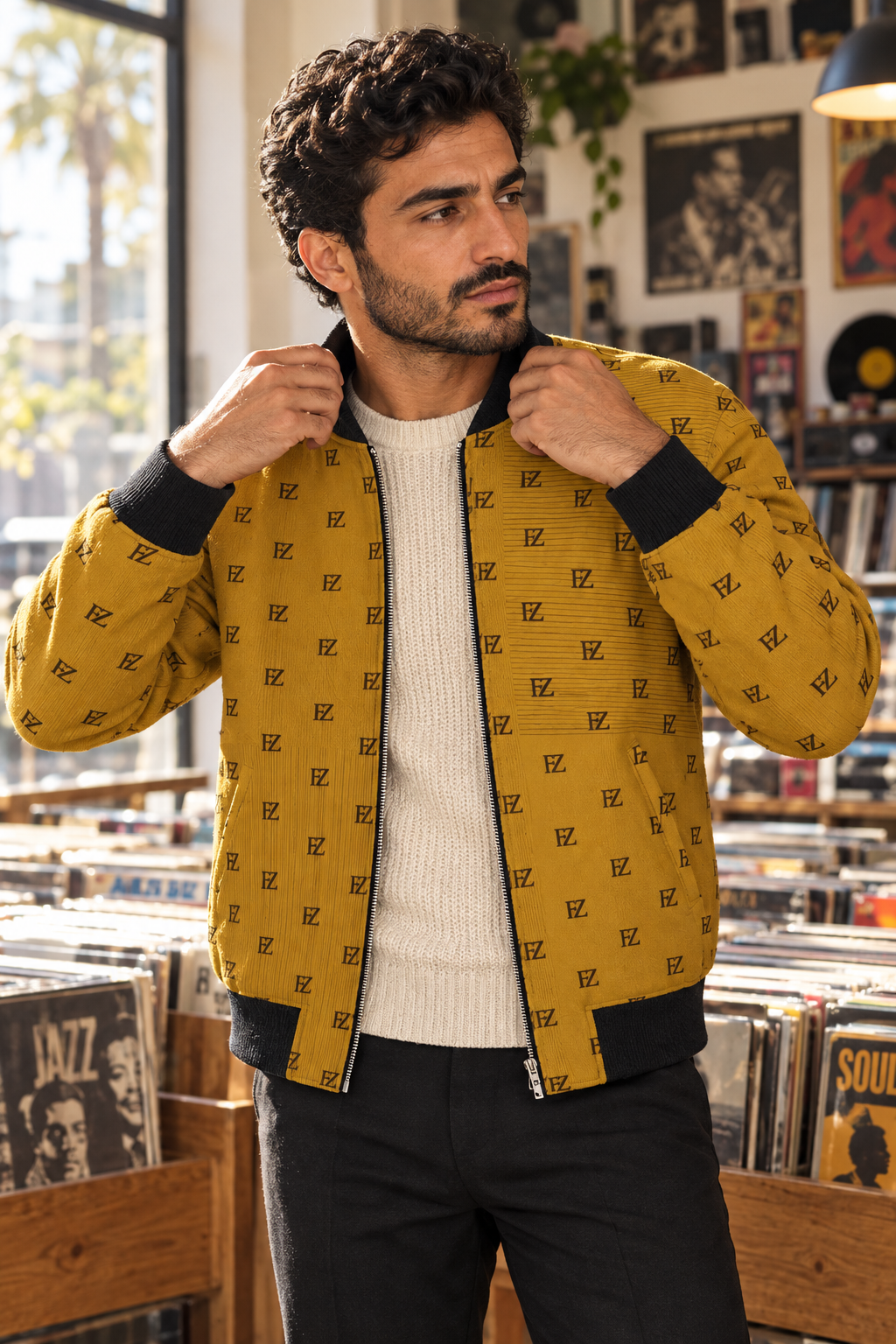 Middle Eastern man in the mustard FZ bomber in a record store