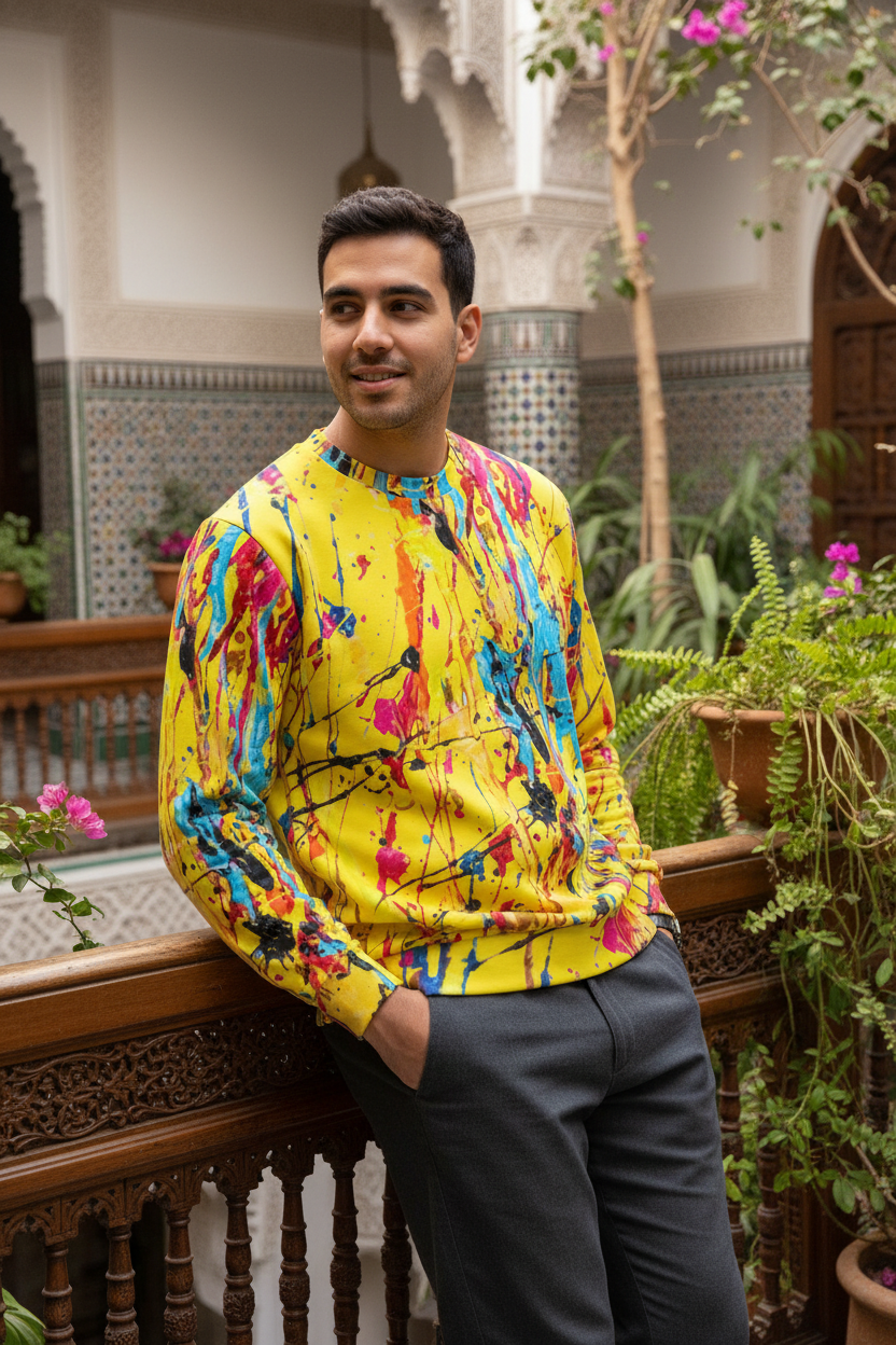 Middle Eastern man in yellow paint splatter sweatshirt, Moroccan riad setting