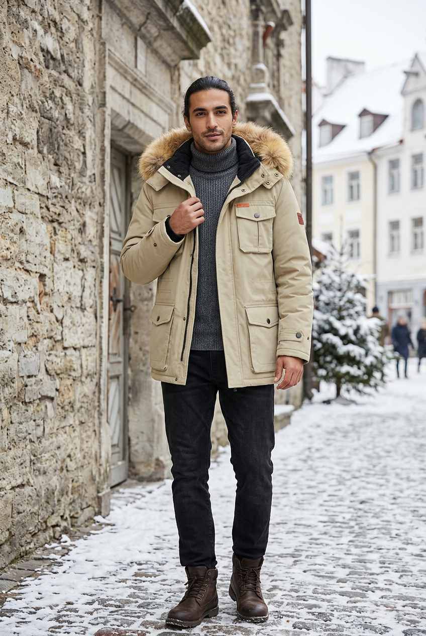 Middle Eastern model adjusting his collar in a snowy town square