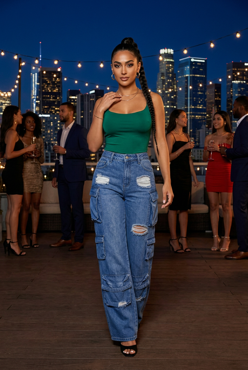 Middle Eastern model arriving at a rooftop party in blue cargo jeans and black heels